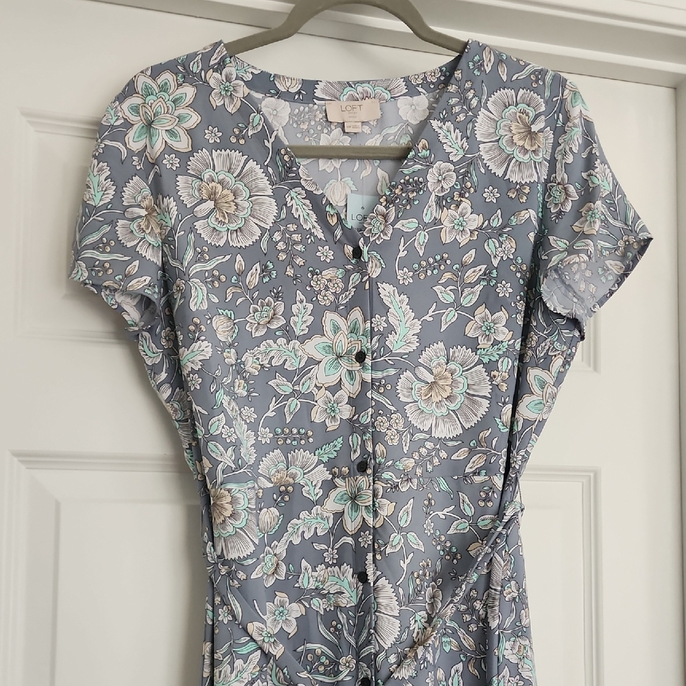 LOFT Gray Floral Button-Front Midi Dress with Mint Accents